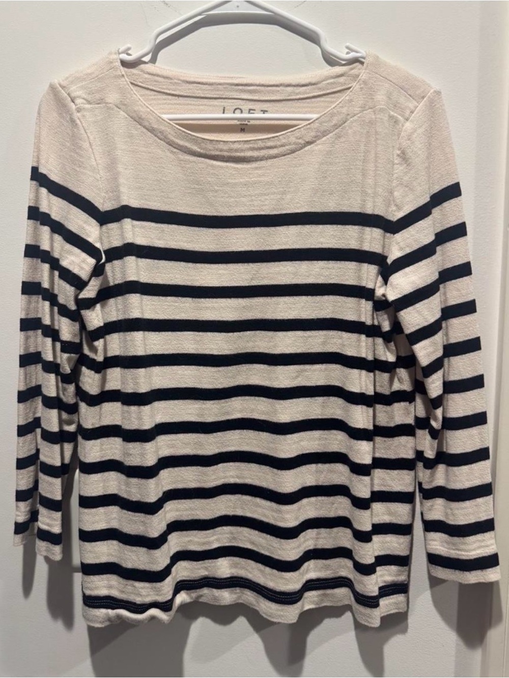 LOFT Cream and Navy Striped Scoop Neck Sweater